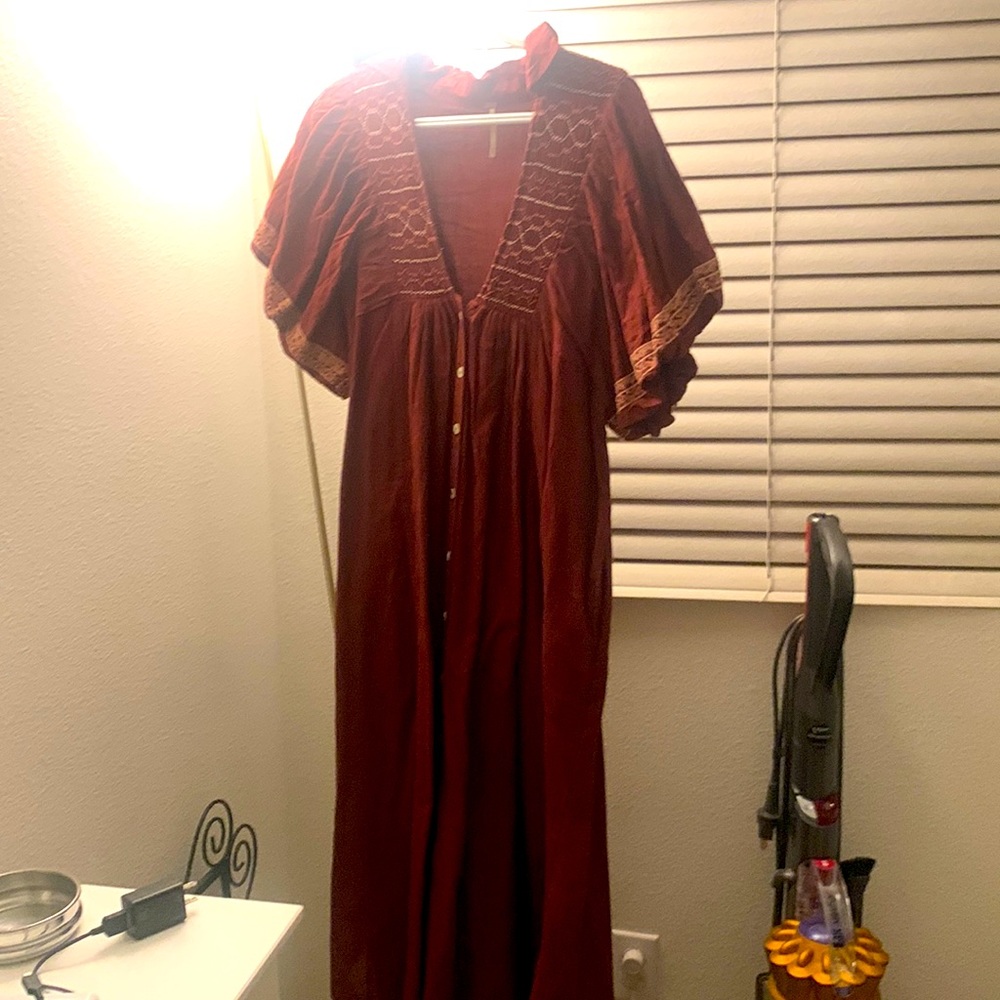 Burgundy Free People dress with beautiful embroidery on sleeves